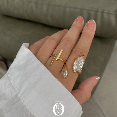 Ring050｜黃銅｜不對稱鋯石開口戒指