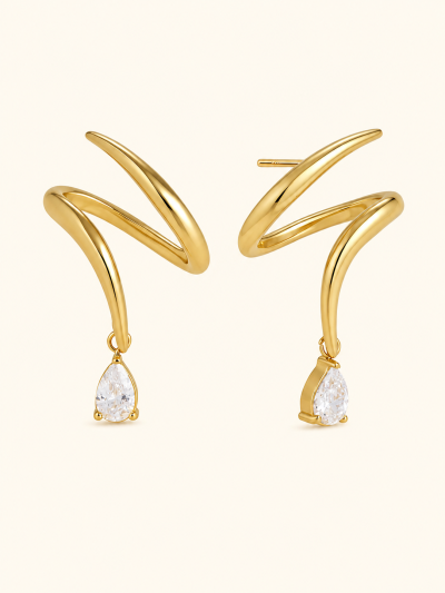 不鏽鋼｜Ribbon Drop Earrings 199｜緞帶水滴晶鑽耳環 - 金色