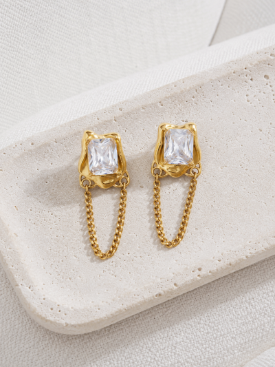不鏽鋼｜Frame Chain Earrings 202｜方鑽垂鏈耳環