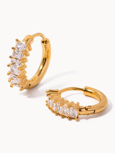 不鏽鋼｜Elin Crystal Hoops 203｜方鑽耳圈 - 金色