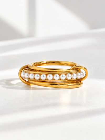 不鏽鋼｜Lola Ring 122｜珍珠三環扣戒指 - 金色, US 8