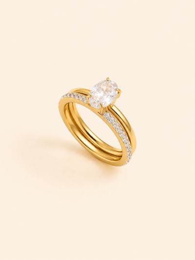 不鏽鋼｜Theia Ring Set 119｜橢圓鑽雙戒組 - 金色, US 7