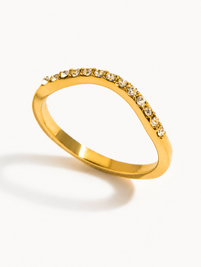 不鏽鋼｜Noelle Ring 126｜弧形排鑽戒指 - 金色, US 7